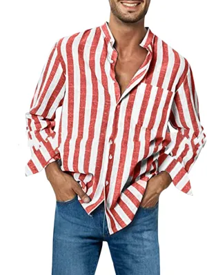 YawYews Men's Casual Long Sleeve Button Down Shirts Linen Striped Dress Shirts Beach Work Yoga Shirts