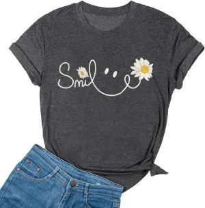 Yimoya Floral T Shirts for Women Daisy Smile Shirt Cute Wild Flower Graphic Tees