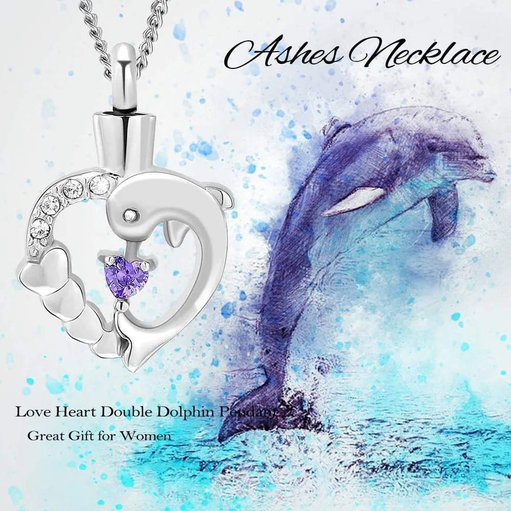 Yinplsmemory Cremation Jewelry Dolphin Heart Urn Necklace for Ashes for Women Crystal Heart Urn Locket Pendant Memorial Ashes Keepsake Necklace