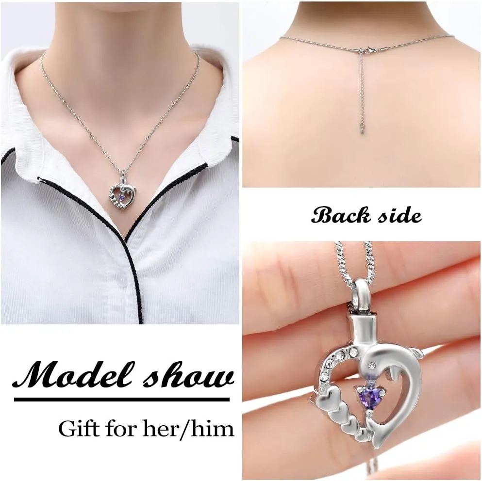 Yinplsmemory Cremation Jewelry Dolphin Heart Urn Necklace for Ashes for Women Crystal Heart Urn Locket Pendant Memorial Ashes Keepsake Necklace