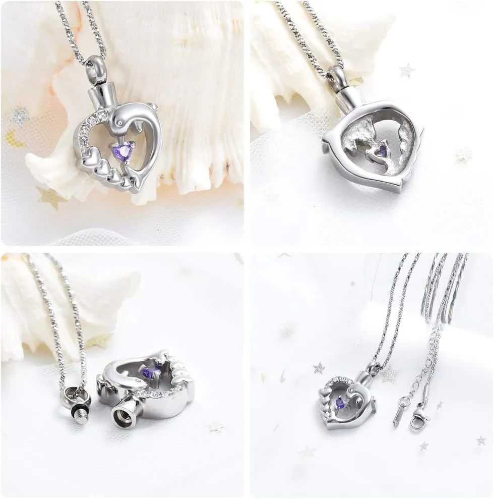 Yinplsmemory Cremation Jewelry Dolphin Heart Urn Necklace for Ashes for Women Crystal Heart Urn Locket Pendant Memorial Ashes Keepsake Necklace