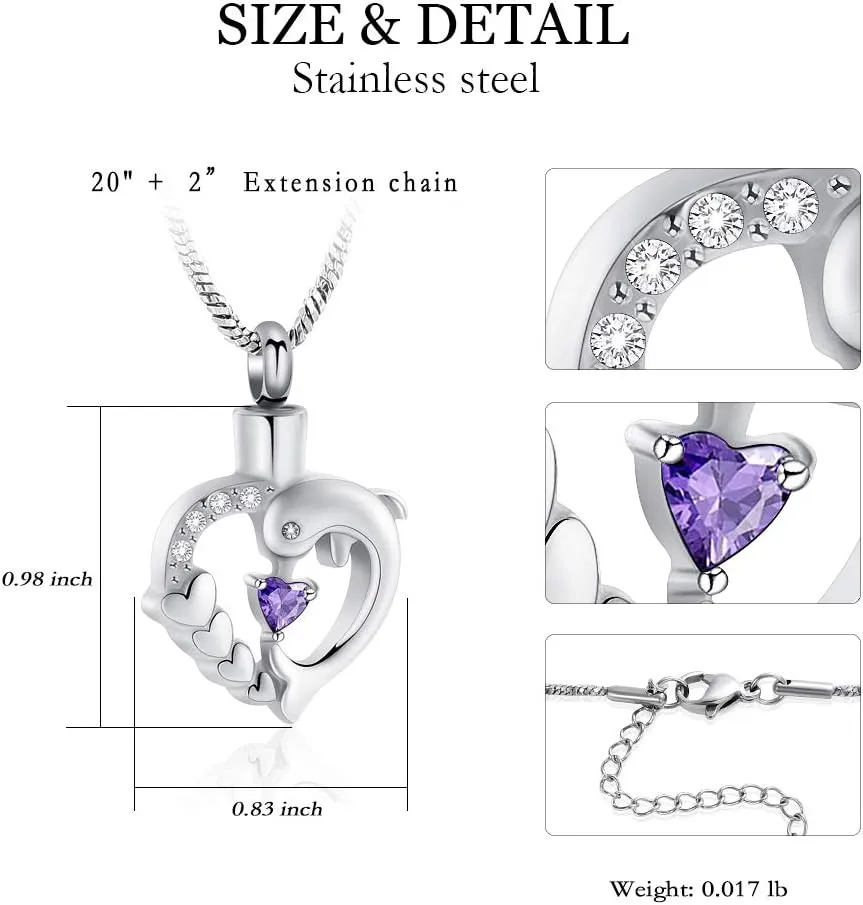 Yinplsmemory Cremation Jewelry Dolphin Heart Urn Necklace for Ashes for Women Crystal Heart Urn Locket Pendant Memorial Ashes Keepsake Necklace