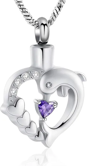 Yinplsmemory Cremation Jewelry Dolphin Heart Urn Necklace for Ashes for Women Crystal Heart Urn Locket Pendant Memorial Ashes Keepsake Necklace