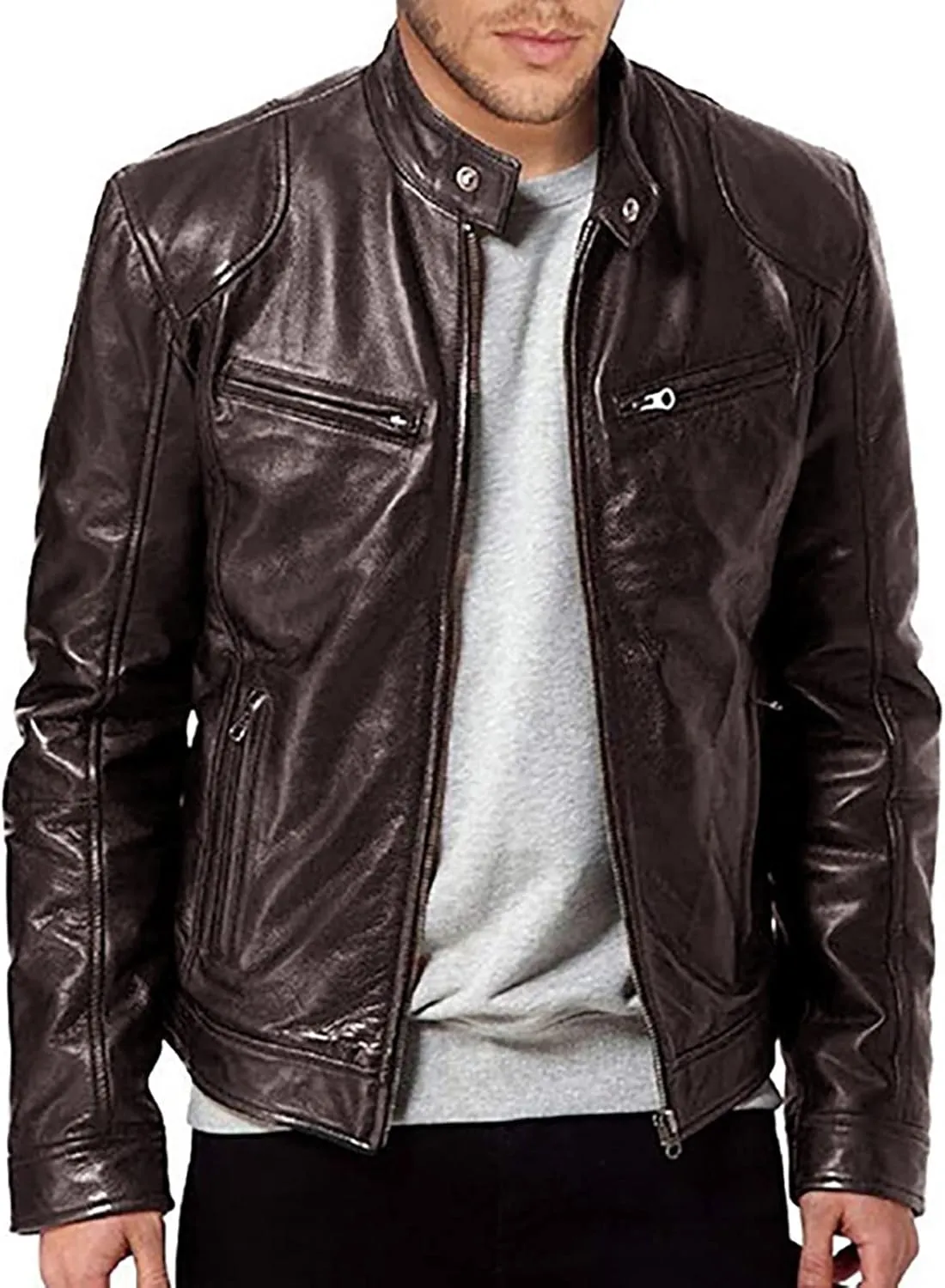 Ymosrh Men's Leather Jacket Faux Motorcycle Jacket Pu Bomber with Hood Jackets, S-L