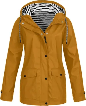 YRAETENM Rain Jacket Women Active Outdoor Waterproof Hooded Trench Coats Striped Lined Lightweight Raincoat Windbreaker
