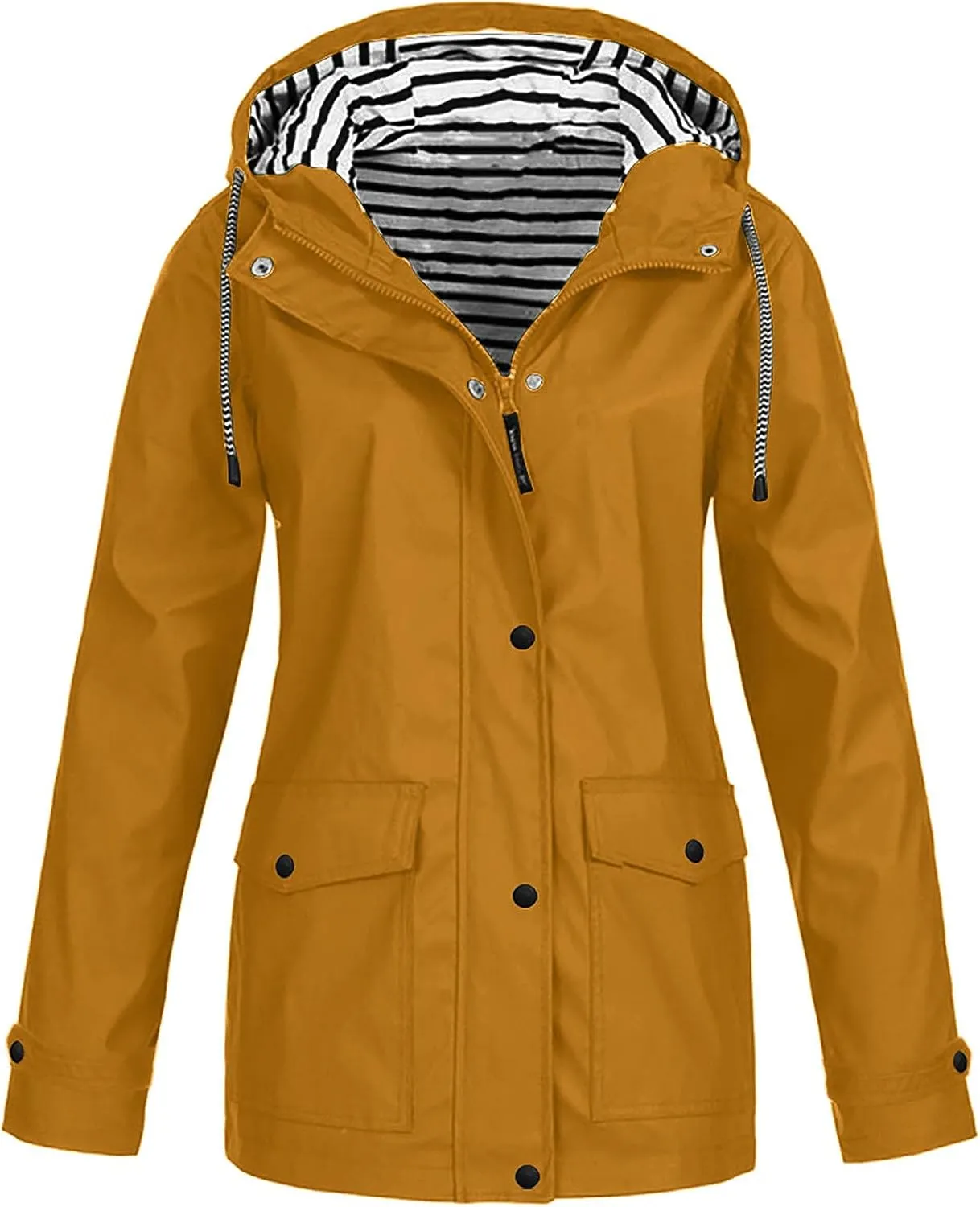 YRAETENM Rain Jacket Women Active Outdoor Waterproof Hooded Trench Coats Striped Lined Lightweight Raincoat Windbreaker