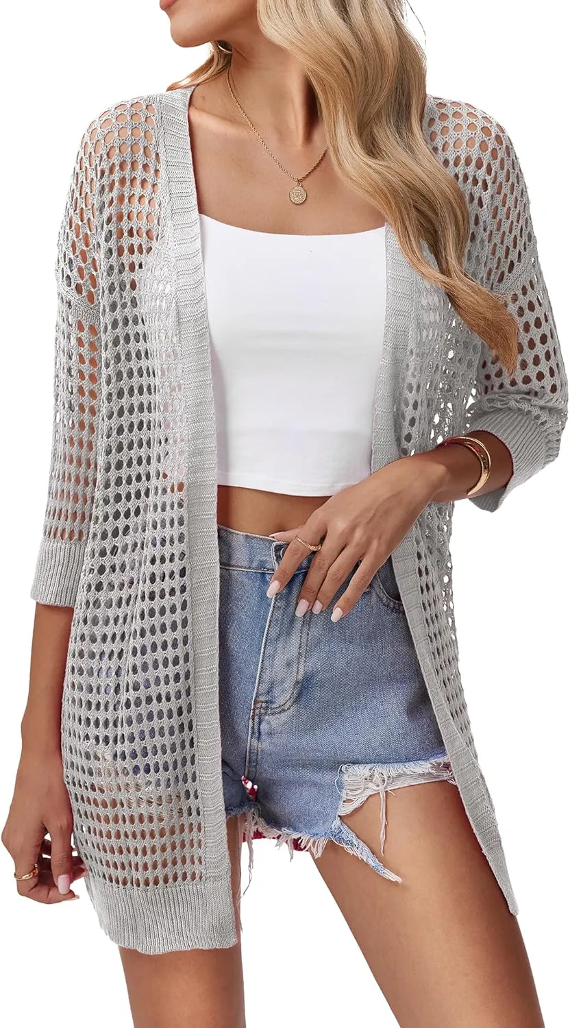 Zeagoo Women's 2025 Summer Crochet Lightweight Cardigan Short Sleeve Boho Kimono Oversized Open Front Sweater Tops