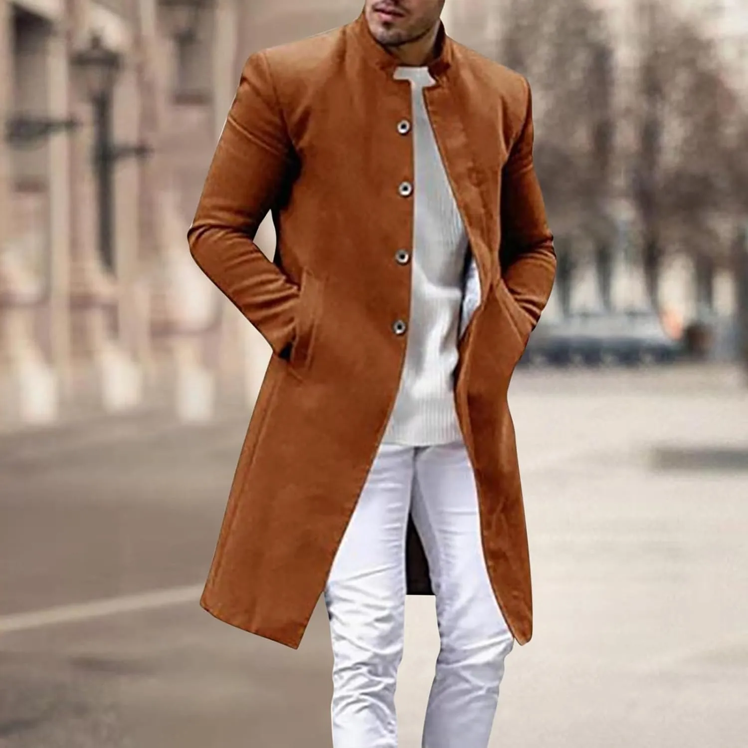 Zeiyignr Men's Trench Coat Mandarin Collar Long Formal Jacket Solid Slim Fit Single Breasted Pea Coats Wool Blend Overcoat