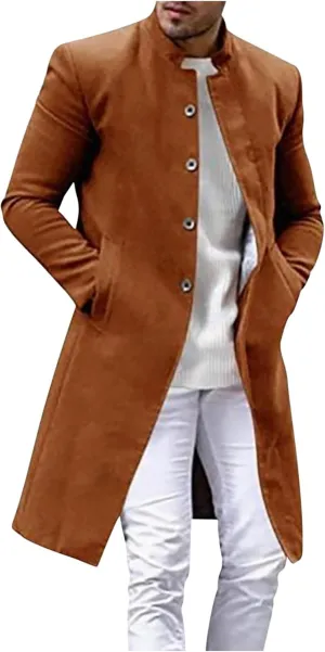 Zeiyignr Men's Trench Coat Mandarin Collar Long Formal Jacket Solid Slim Fit Single Breasted Pea Coats Wool Blend Overcoat