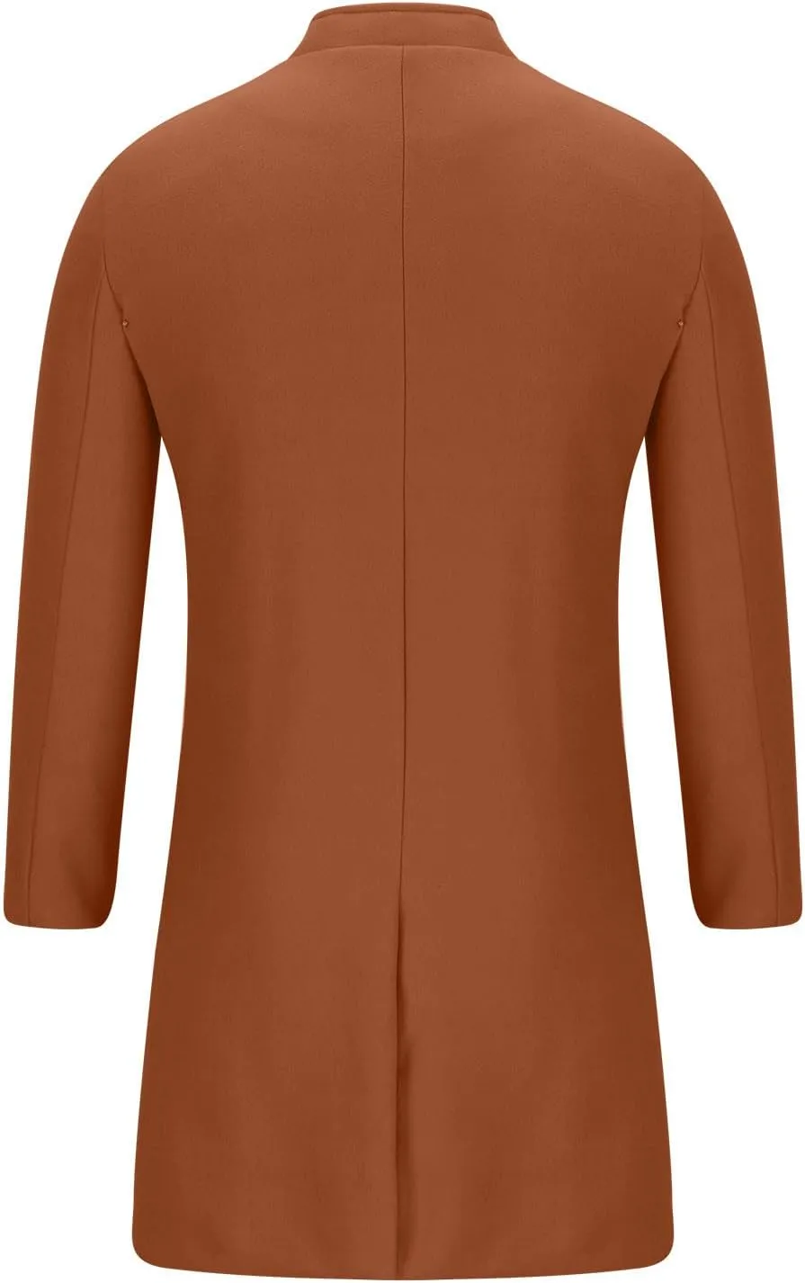 Zeiyignr Men's Trench Coat Mandarin Collar Long Formal Jacket Solid Slim Fit Single Breasted Pea Coats Wool Blend Overcoat