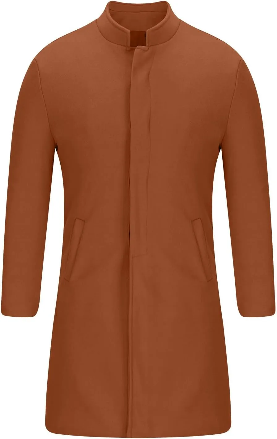 Zeiyignr Men's Trench Coat Mandarin Collar Long Formal Jacket Solid Slim Fit Single Breasted Pea Coats Wool Blend Overcoat