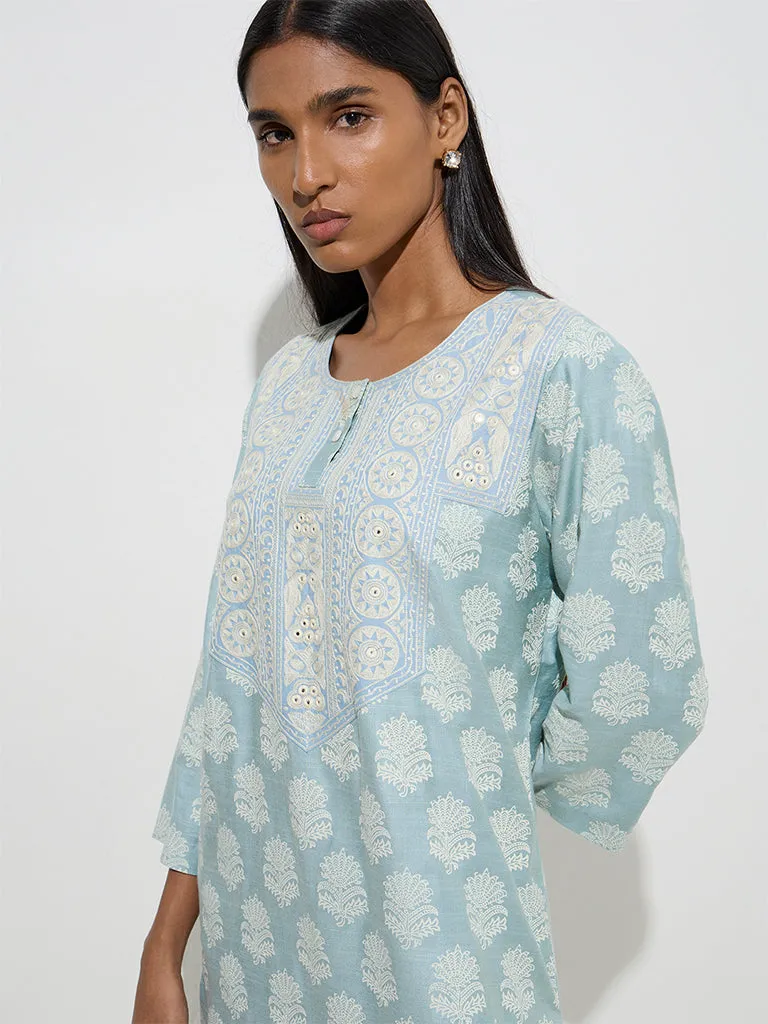 Zuba Dusty Blue Floral Pattern Straight Kurta