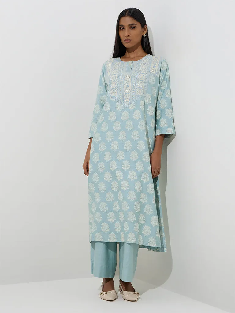 Zuba Dusty Blue Floral Pattern Straight Kurta