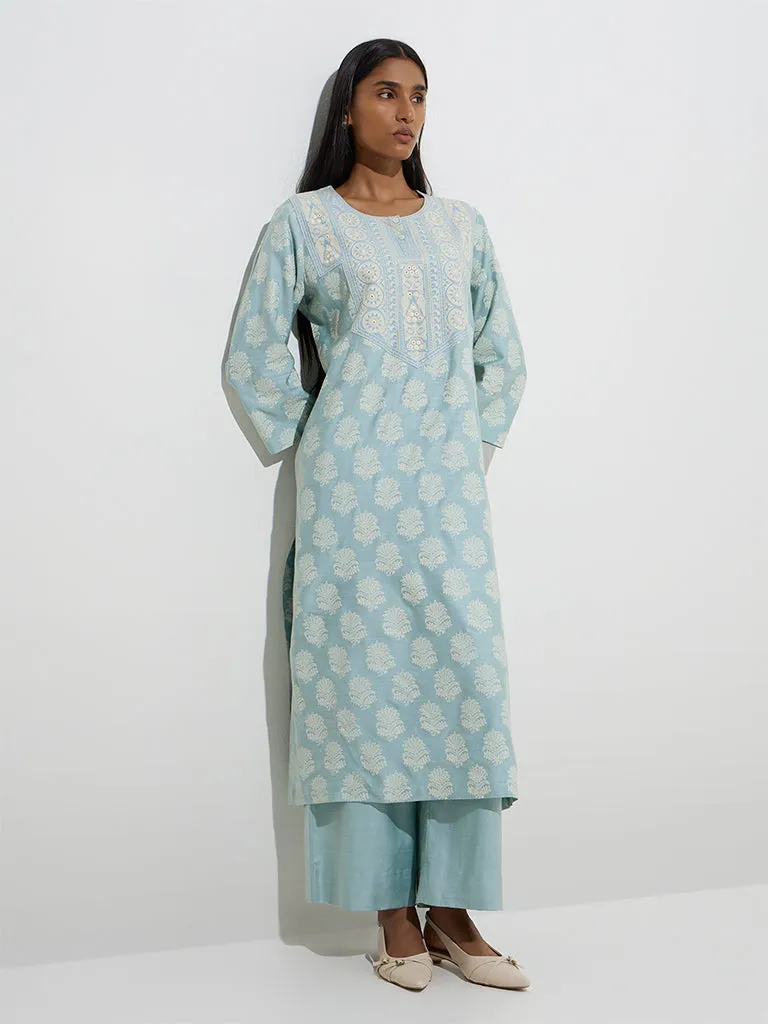 Zuba Dusty Blue Floral Pattern Straight Kurta