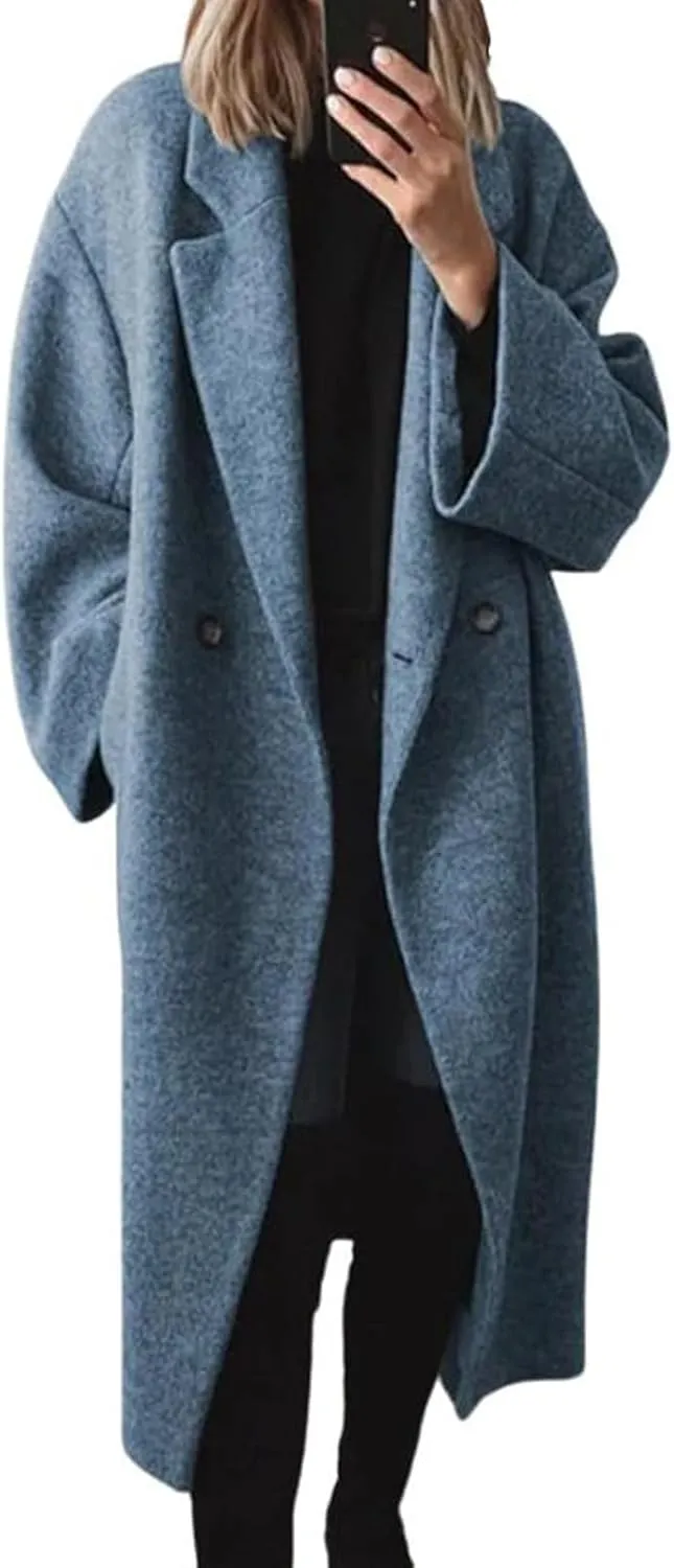 ZWRXW Women's Double Breasted Wool Coat Notch Lapel Long Sleeve Trench Coat Casual Loose Fit Coatigan Jackets Winter Coats