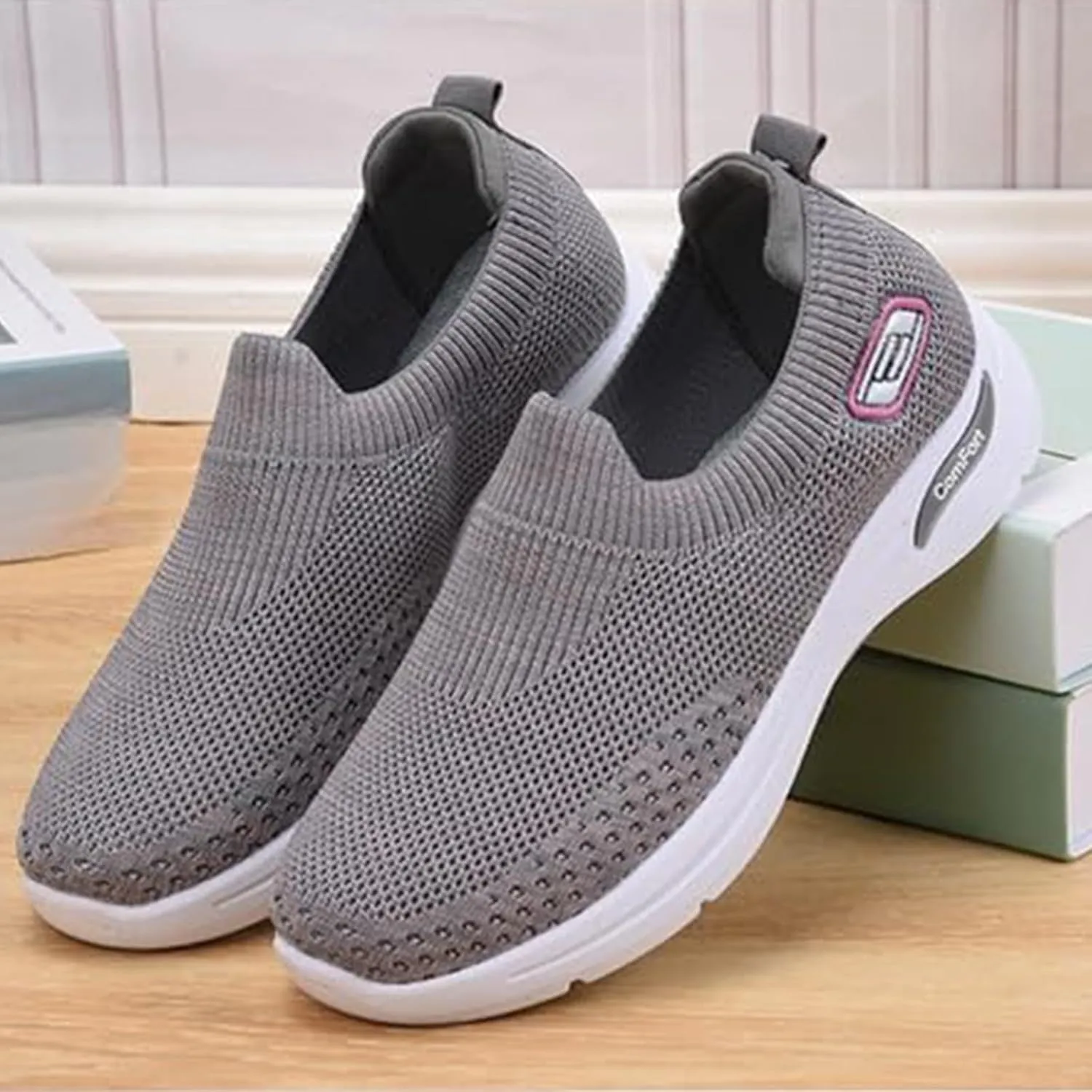 ZWRXW Womens Walking Shoes Orthopedic Slip On Air Cushion Platform Shoes Mesh Up Woven Sock Casual Ladies Fashion Sneakers Lightweight Comfortable Arch Support Sneaker with Arch Support
