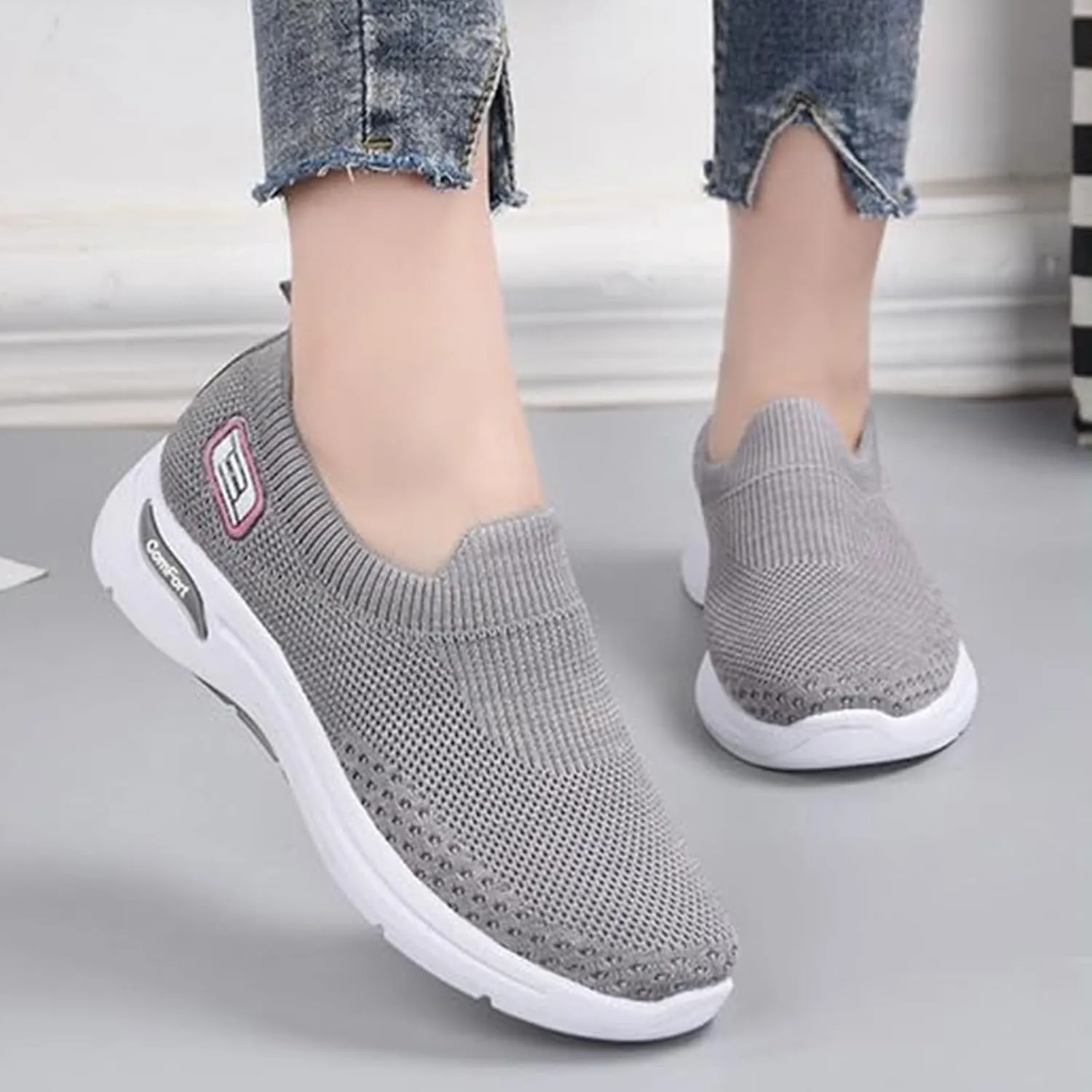 ZWRXW Womens Walking Shoes Orthopedic Slip On Air Cushion Platform Shoes Mesh Up Woven Sock Casual Ladies Fashion Sneakers Lightweight Comfortable Arch Support Sneaker with Arch Support