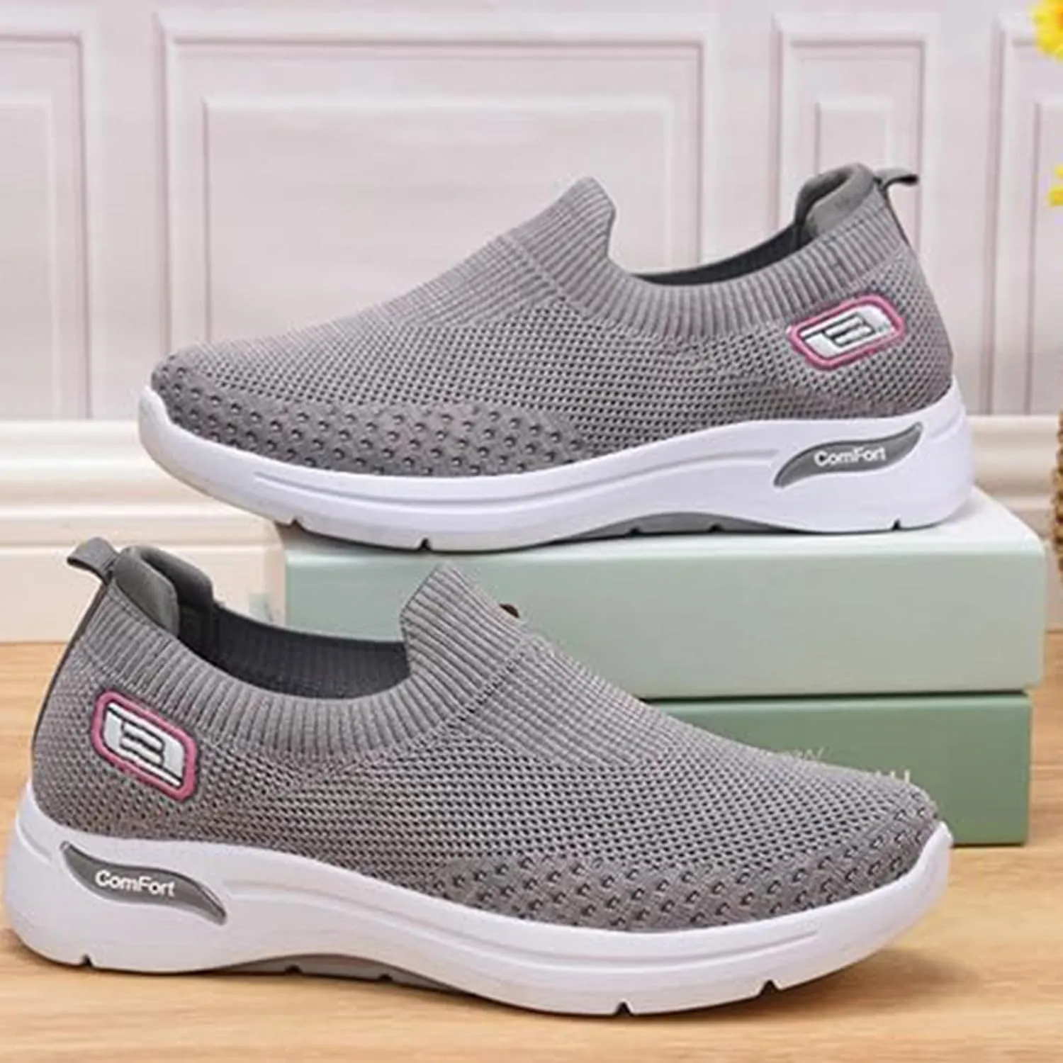 ZWRXW Womens Walking Shoes Orthopedic Slip On Air Cushion Platform Shoes Mesh Up Woven Sock Casual Ladies Fashion Sneakers Lightweight Comfortable Arch Support Sneaker with Arch Support