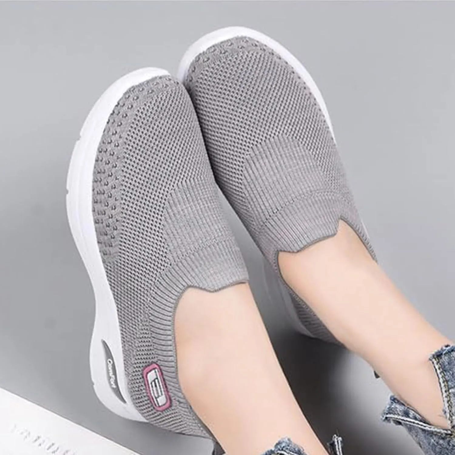 ZWRXW Womens Walking Shoes Orthopedic Slip On Air Cushion Platform Shoes Mesh Up Woven Sock Casual Ladies Fashion Sneakers Lightweight Comfortable Arch Support Sneaker with Arch Support